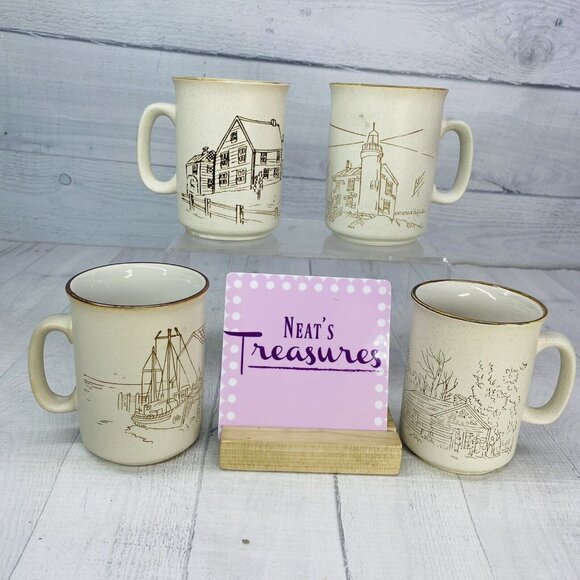 Collection Manoir CXY1 Cabins Docks Churches Lighthouses Stoneware Mugs Set of 4 - Picture 1 of 16